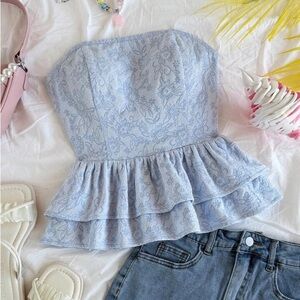 Floral Blue Strapless Peplum Top